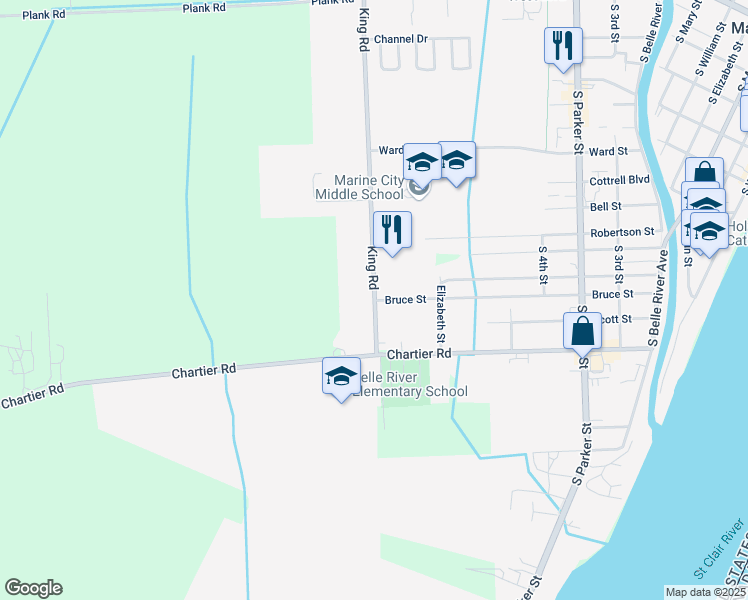 map of restaurants, bars, coffee shops, grocery stores, and more near 6554 King Road in Marine City