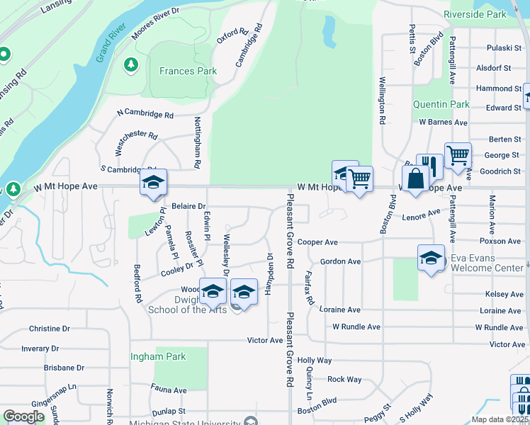 map of restaurants, bars, coffee shops, grocery stores, and more near 2000 Hampden Drive in Lansing