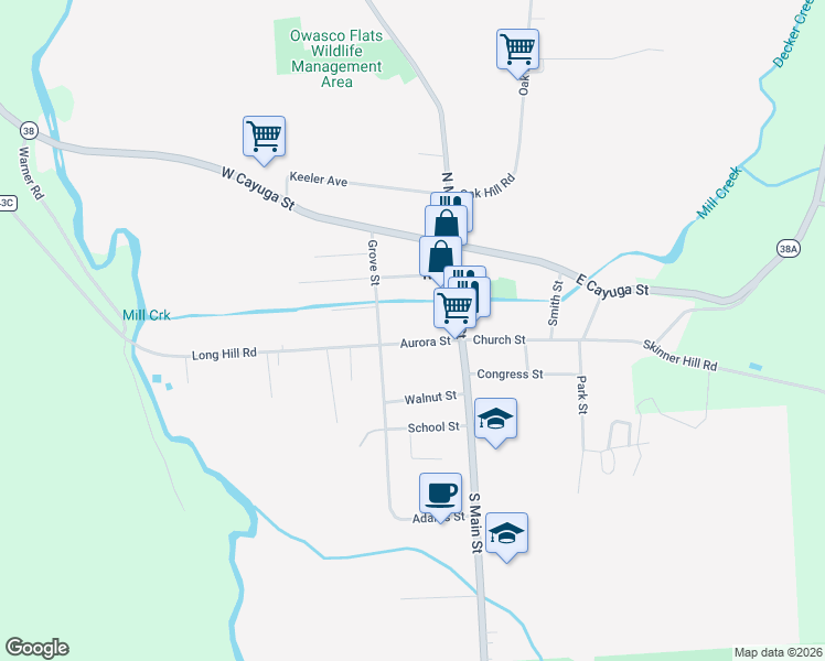 map of restaurants, bars, coffee shops, grocery stores, and more near 20 Aurora Street in Moravia