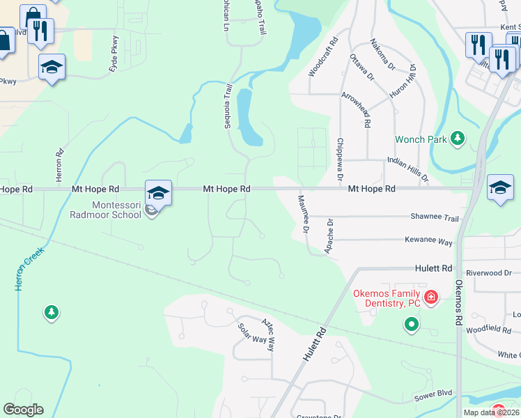 map of restaurants, bars, coffee shops, grocery stores, and more near 2593 Mount Hope Road in Okemos