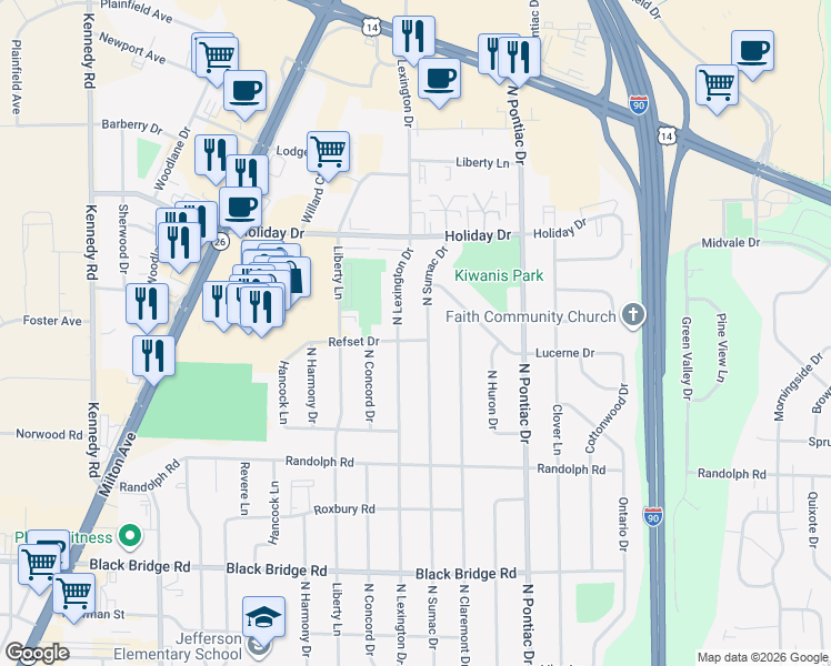 map of restaurants, bars, coffee shops, grocery stores, and more near 2323 Refset Drive in Janesville