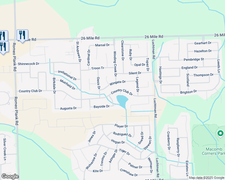 map of restaurants, bars, coffee shops, grocery stores, and more near 18105 Country Club Drive in Macomb