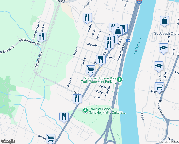 map of restaurants, bars, coffee shops, grocery stores, and more near 420 5th Avenue in Watervliet