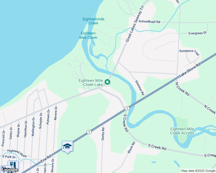 map of restaurants, bars, coffee shops, grocery stores, and more near 6449 Lake Shore Road in Derby