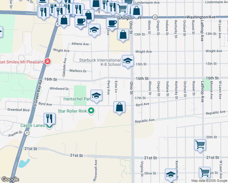 map of restaurants, bars, coffee shops, grocery stores, and more near 1644 Echo Lane in Racine