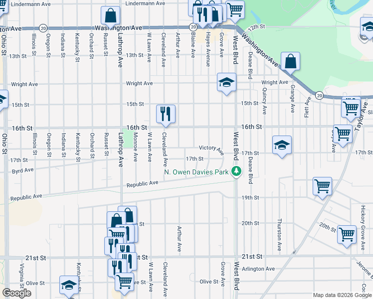 map of restaurants, bars, coffee shops, grocery stores, and more near 3415 Victory Avenue in Racine