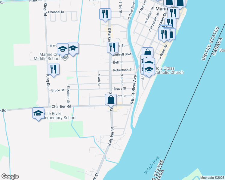 map of restaurants, bars, coffee shops, grocery stores, and more near 429 Bruce Street in Marine City