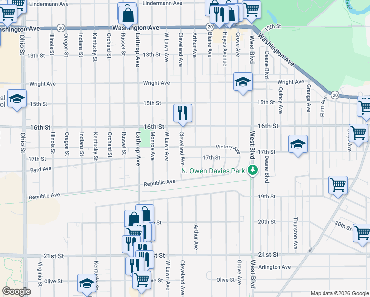 map of restaurants, bars, coffee shops, grocery stores, and more near 3537 Victory Avenue in Racine