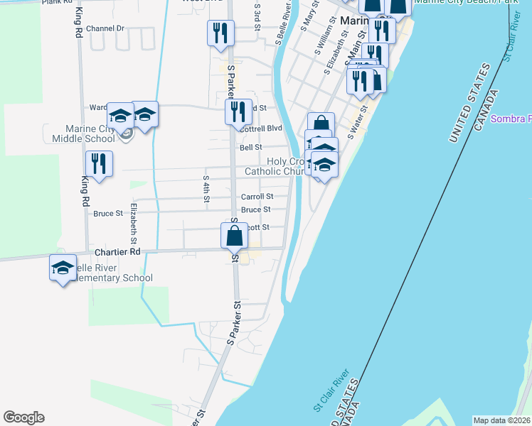 map of restaurants, bars, coffee shops, grocery stores, and more near 165 Bruce Street in Marine City