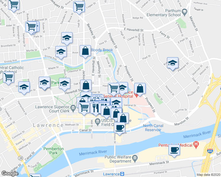 map of restaurants, bars, coffee shops, grocery stores, and more near 64 Haverhill Street in Lawrence