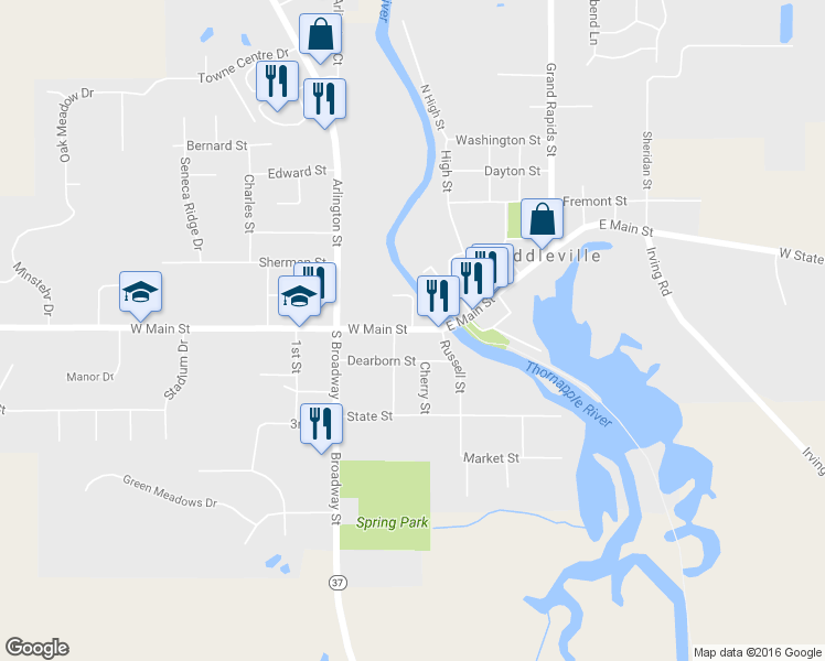 map of restaurants, bars, coffee shops, grocery stores, and more near 215 West Main Street in Middleville