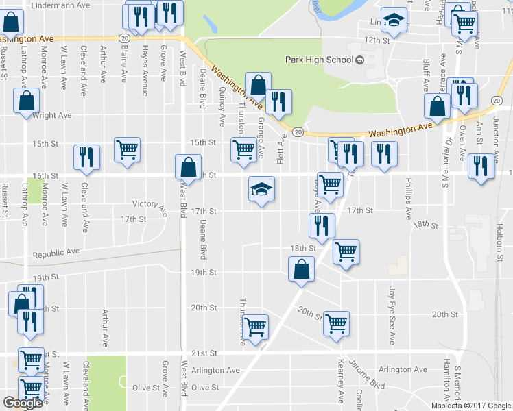 map of restaurants, bars, coffee shops, grocery stores, and more near 1648 Grange Avenue in Racine