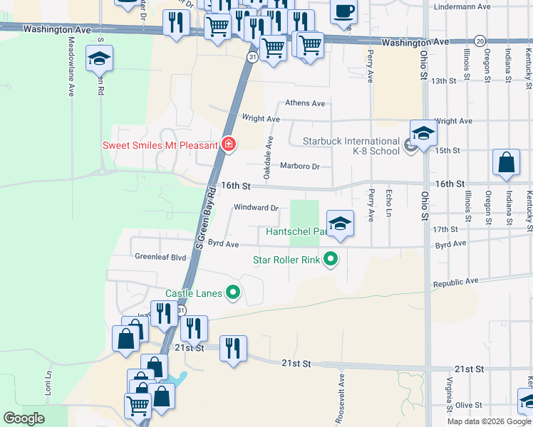 map of restaurants, bars, coffee shops, grocery stores, and more near 5529 Windward Drive in Racine