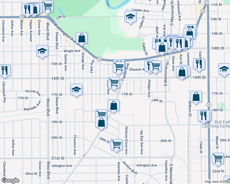 map of restaurants, bars, coffee shops, grocery stores, and more near 1648 Kearney Avenue in Racine