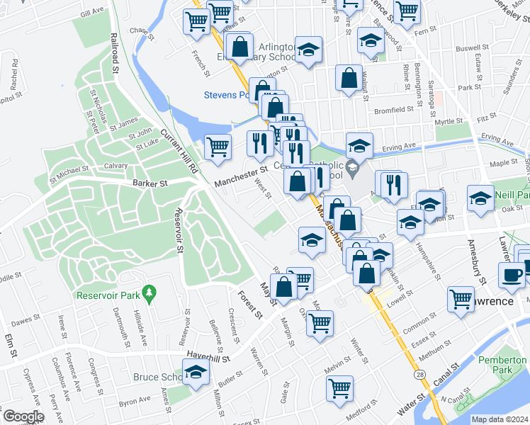 map of restaurants, bars, coffee shops, grocery stores, and more near 12 Wendell Street in Lawrence