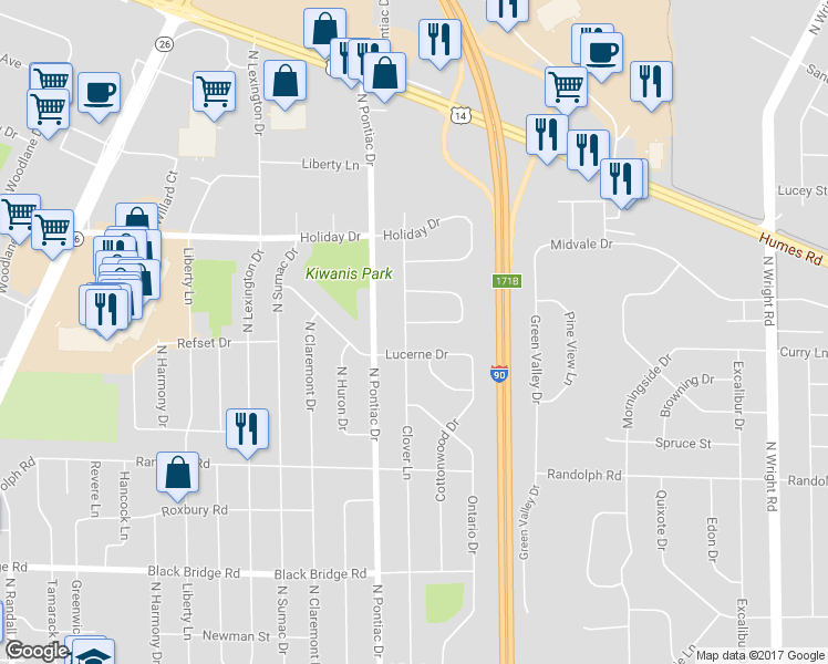 map of restaurants, bars, coffee shops, grocery stores, and more near 2316 Clover Lane in Janesville