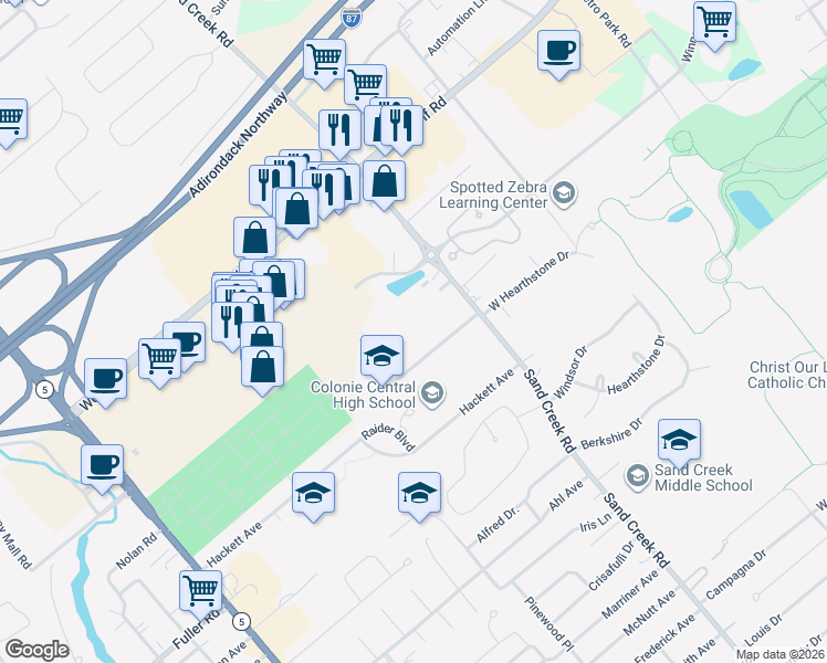 map of restaurants, bars, coffee shops, grocery stores, and more near 420 Sand Creek Road in Albany