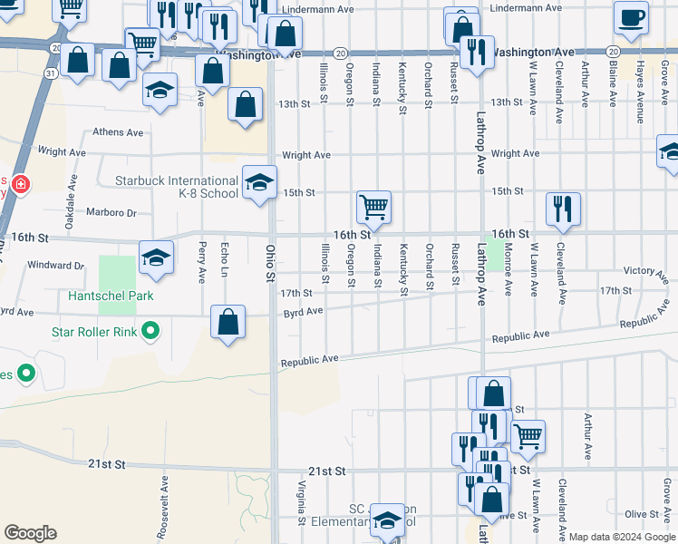 map of restaurants, bars, coffee shops, grocery stores, and more near 4404 Victory Avenue in Racine