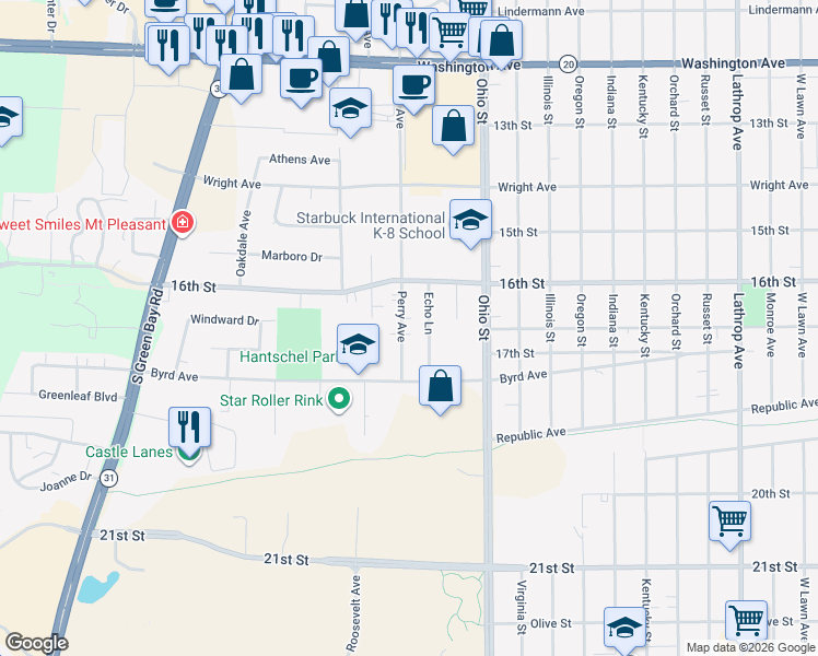 map of restaurants, bars, coffee shops, grocery stores, and more near 1644 Echo Lane in Racine