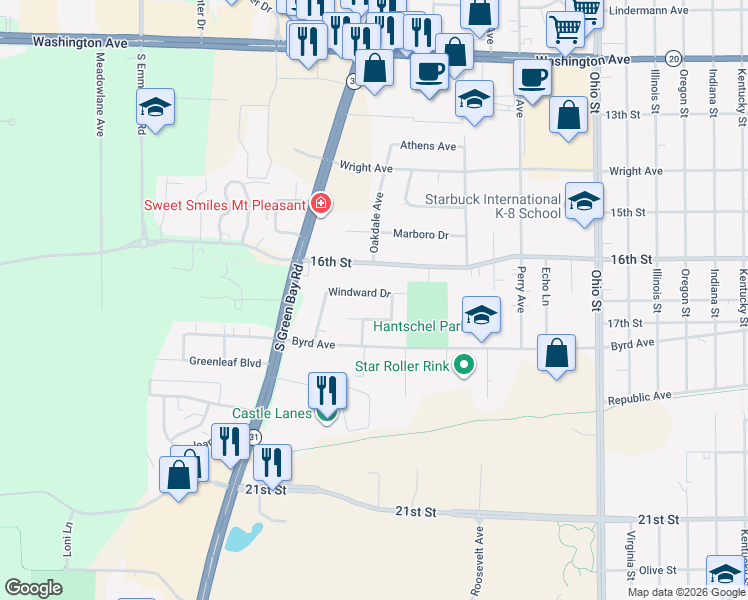 map of restaurants, bars, coffee shops, grocery stores, and more near 5529 Windward Drive in Racine
