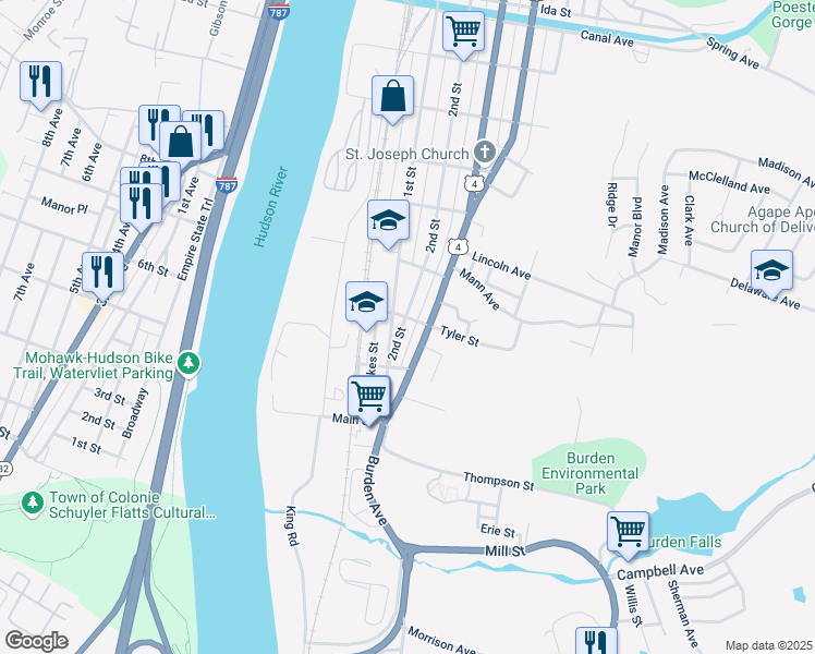 map of restaurants, bars, coffee shops, grocery stores, and more near 534 2nd Street in Troy
