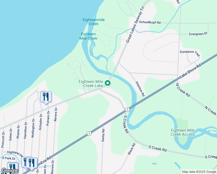 map of restaurants, bars, coffee shops, grocery stores, and more near 6449 Lake Shore Road in Derby