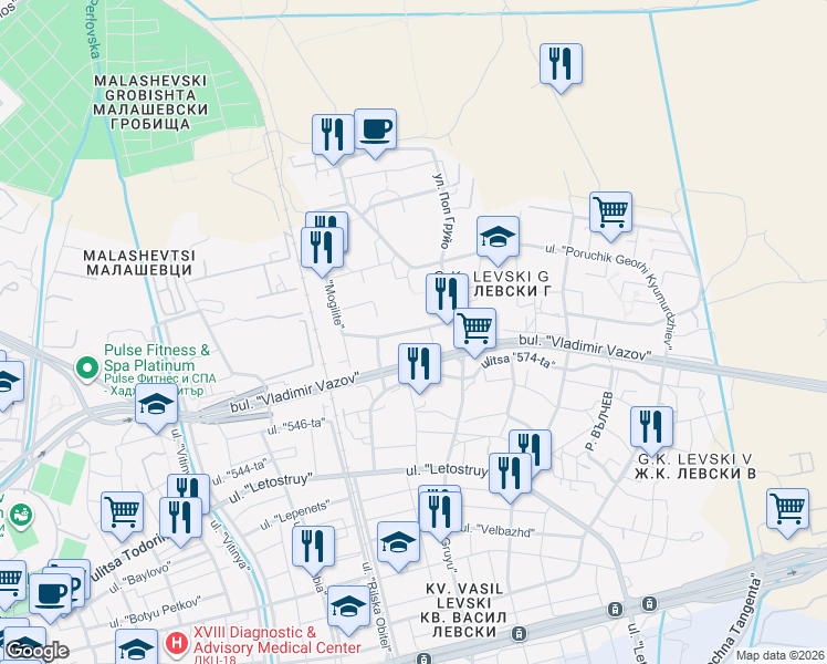 map of restaurants, bars, coffee shops, grocery stores, and more near 2А g.k. Levski G in Sofia