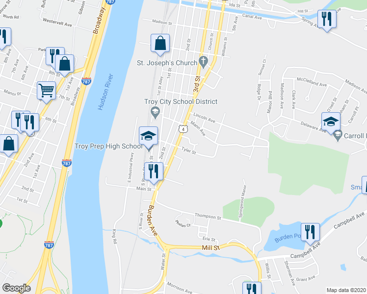 map of restaurants, bars, coffee shops, grocery stores, and more near 39 Tyler Street in Troy