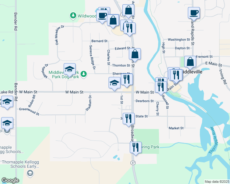 map of restaurants, bars, coffee shops, grocery stores, and more near 509 West Main Street in Middleville