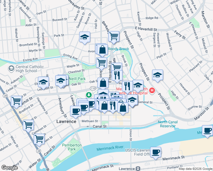 map of restaurants, bars, coffee shops, grocery stores, and more near 120 Haverhill Street in Lawrence