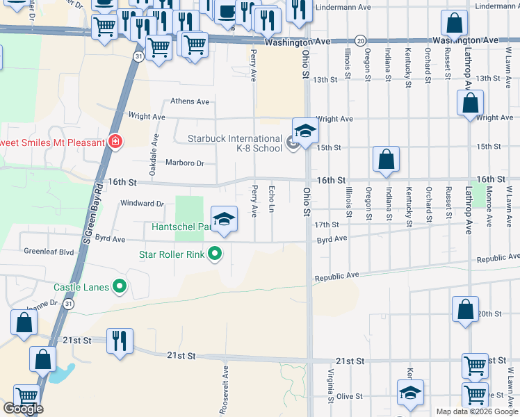 map of restaurants, bars, coffee shops, grocery stores, and more near 1644 Echo Lane in Racine