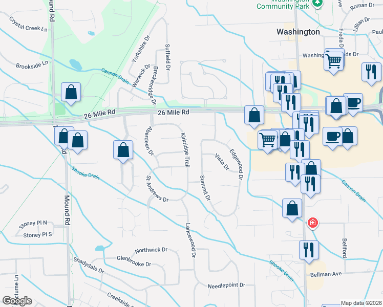 map of restaurants, bars, coffee shops, grocery stores, and more near 56638 Kirkridge Trail in Macomb County