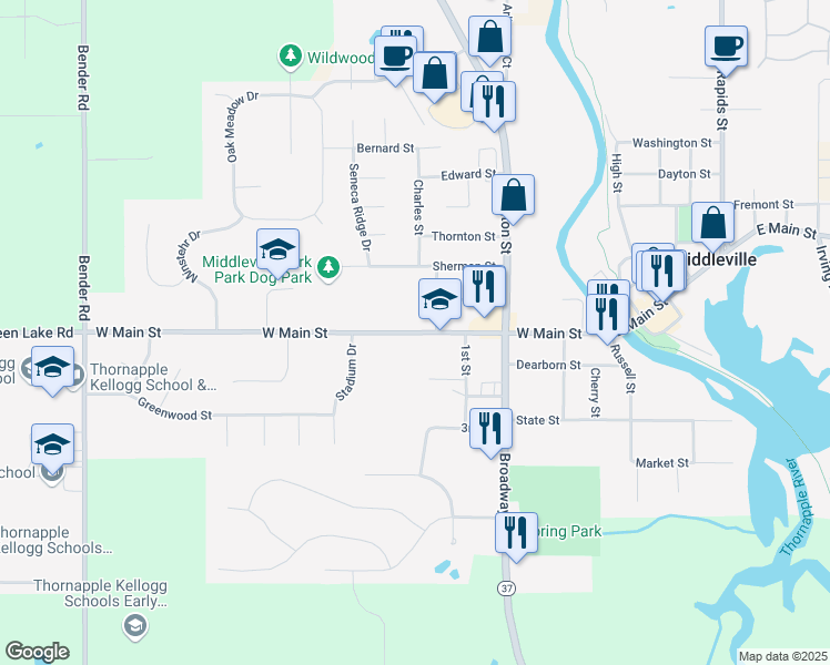 map of restaurants, bars, coffee shops, grocery stores, and more near 614 West Main Street in Middleville