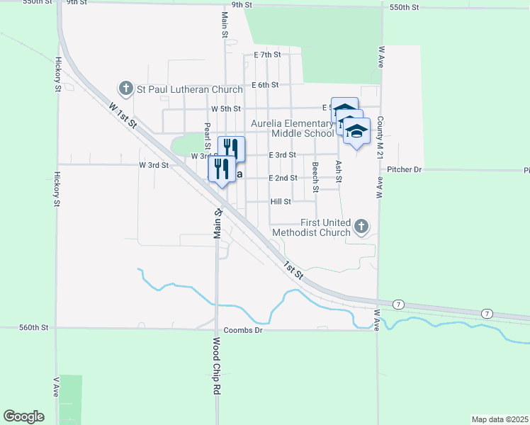 map of restaurants, bars, coffee shops, grocery stores, and more near 208 Hill Street in Aurelia