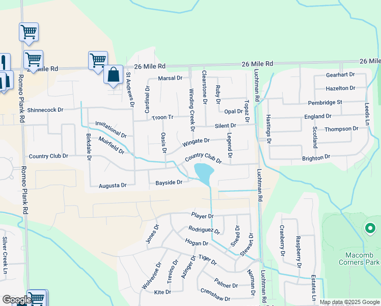 map of restaurants, bars, coffee shops, grocery stores, and more near 18105 Country Club Dr in Macomb