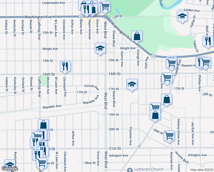 map of restaurants, bars, coffee shops, grocery stores, and more near 1647 West Boulevard in Racine