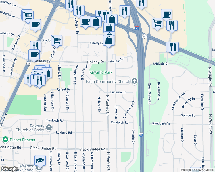 map of restaurants, bars, coffee shops, grocery stores, and more near 2320 N Pontiac Dr in Janesville