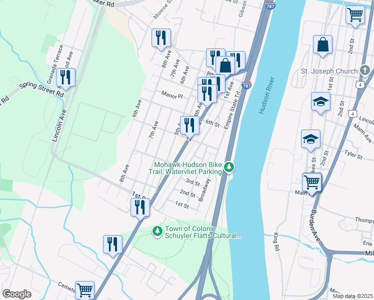 map of restaurants, bars, coffee shops, grocery stores, and more near 432 3rd Avenue in Watervliet