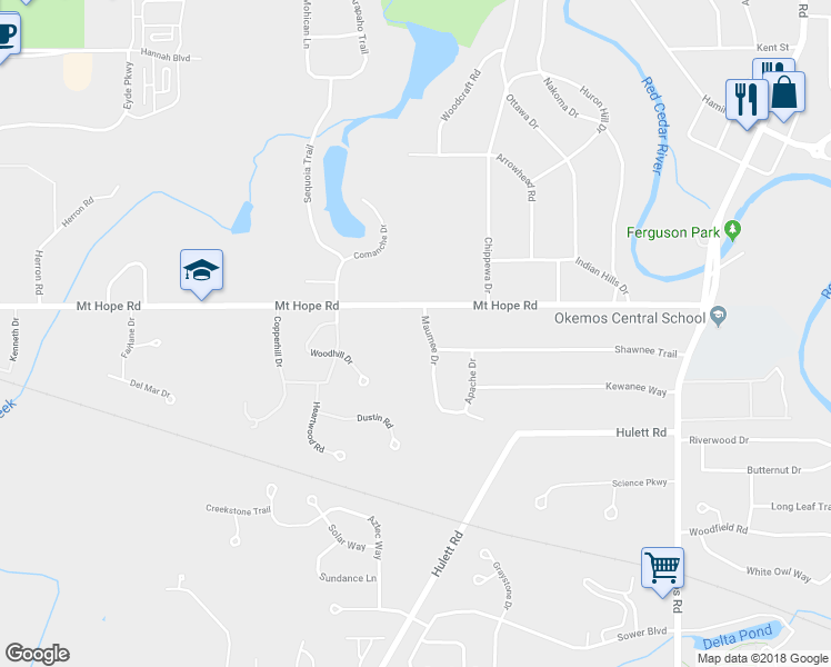 map of restaurants, bars, coffee shops, grocery stores, and more near 4473 Maumee Drive in Meridian charter Township