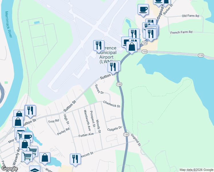 map of restaurants, bars, coffee shops, grocery stores, and more near 59 Surrey Drive in North Andover
