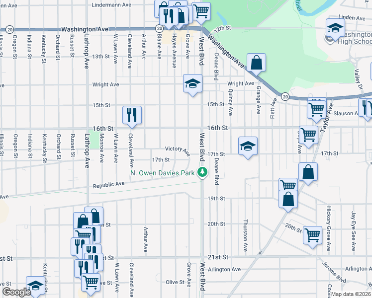 map of restaurants, bars, coffee shops, grocery stores, and more near 1638 Grove Avenue in Racine