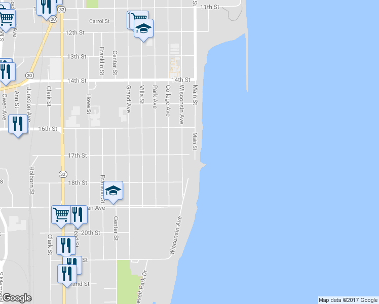 map of restaurants, bars, coffee shops, grocery stores, and more near 216 17th St in Racine