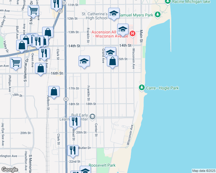 map of restaurants, bars, coffee shops, grocery stores, and more near 608 17th St in Racine
