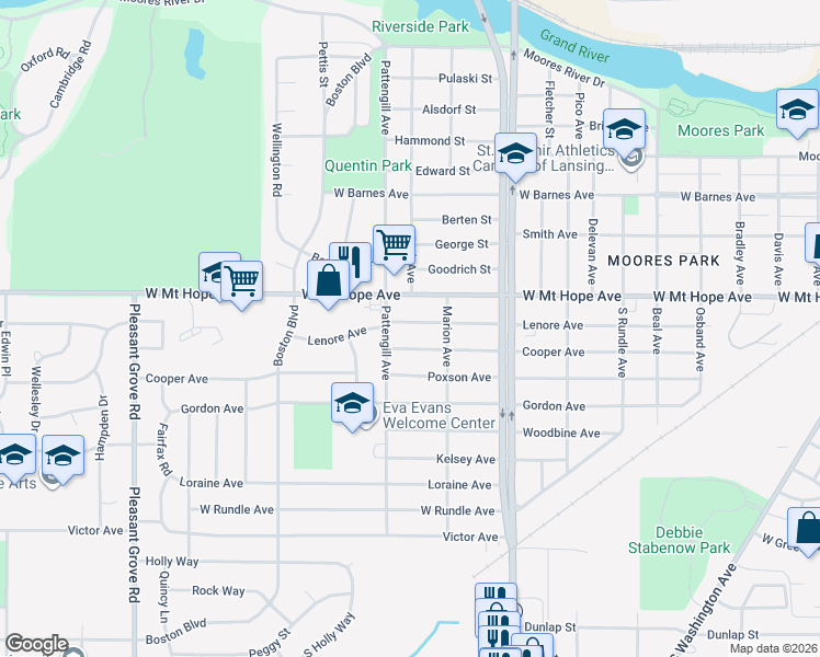 map of restaurants, bars, coffee shops, grocery stores, and more near 1407 Lenore Avenue in Lansing