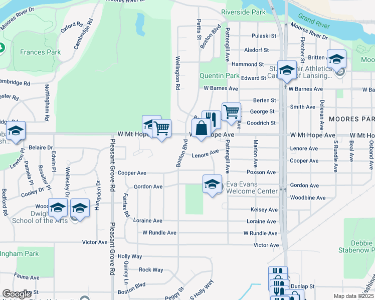 map of restaurants, bars, coffee shops, grocery stores, and more near 2011 Boston Boulevard in Lansing