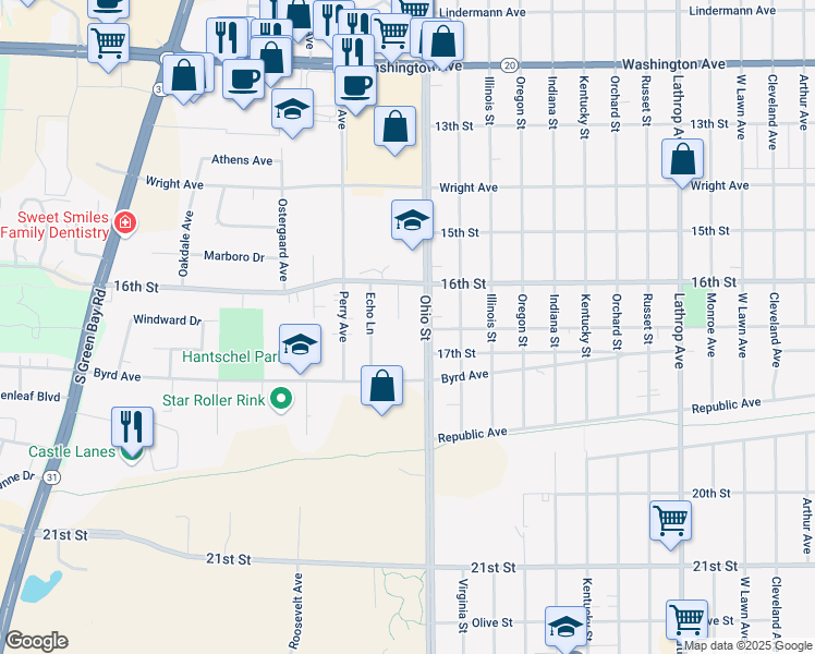 map of restaurants, bars, coffee shops, grocery stores, and more near 1600 Ohio Street in Racine