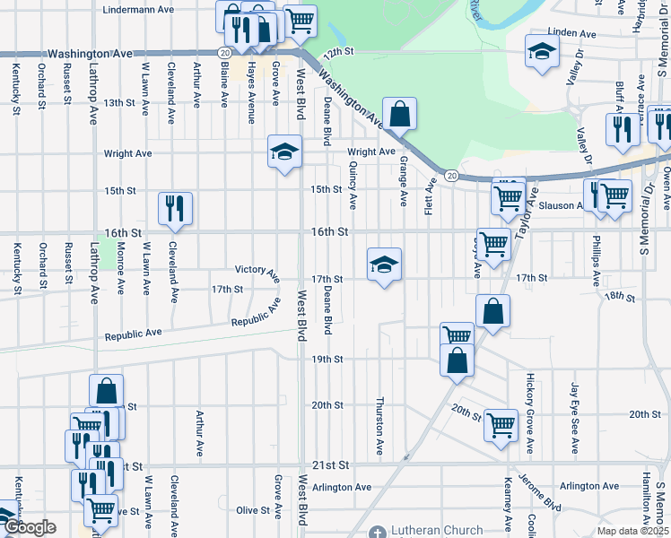 map of restaurants, bars, coffee shops, grocery stores, and more near 1645 Deane Blvd in Racine