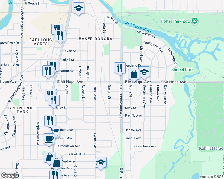 map of restaurants, bars, coffee shops, grocery stores, and more near 1925 Donora Street in Lansing