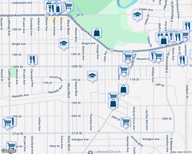 map of restaurants, bars, coffee shops, grocery stores, and more near 1648 Grange Avenue in Racine