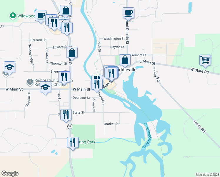 map of restaurants, bars, coffee shops, grocery stores, and more near 104 Mill Pond Drive in Middleville